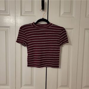 Forever 21 burgundy/black/white striped fitted crop-top